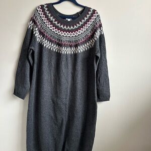 J. Jill Charcoal Long-Sleeve Fair Isle Yoke Sweater Dress with Burgundy Accents